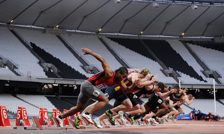 Mens 100m heats at the GB Universities Championships, one of the test events at the Olympic Stadium