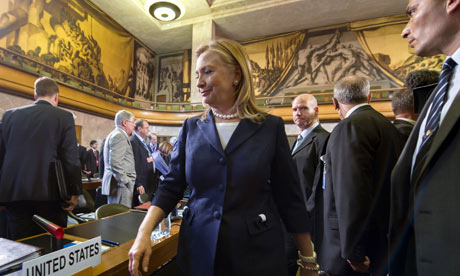 US secretary of state Hillary Clinton arrives at the UN's crisis meeting on Syria yesterday.