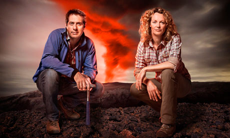 Iain Stewart and Kate Humble in front of a volcano