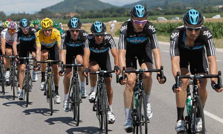 Bradley Wiggins wears the leader's yellow jersey during the 12th stage of the Tour de France.