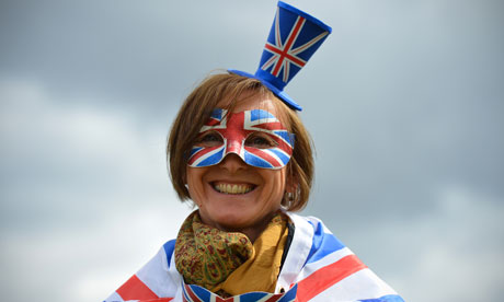 A reveller wearing a Union Jack hat