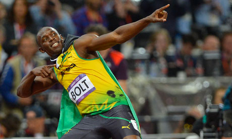 Usain Bolt strikes his lighting bolt pose, August 2012