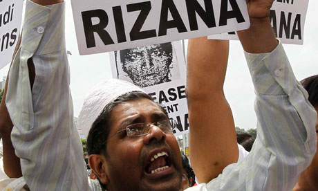 Demonstrators in Colombo protest against the execution of Rizana Nafeek.