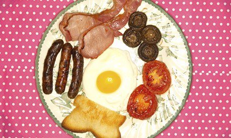 Cooked breakfast on plate: egg, toast, bacon sausages, mushroom, tomatoes