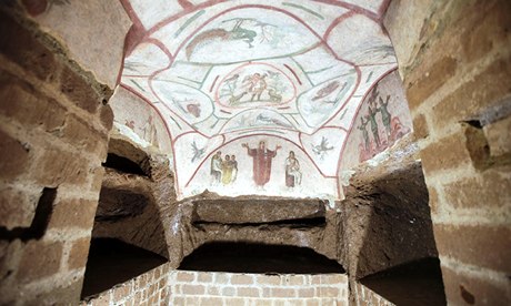 A fresco in the catacombs of Priscilla, a labyrinthine cemetery complex that stretches under Rome.