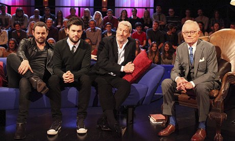 Backchat chatshow: Danny Dyer, Jack Whitehall, Jeremy Paxman and Michael Whitehall sitting in studio