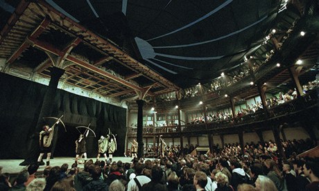 Titus Andronicus at Shakespeare's Globe on the South Bank, London, wide view of stage and audience