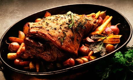 Roast lamb with potatoes and vegetables
