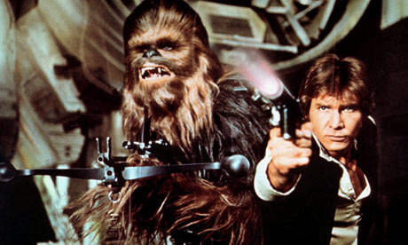 Star Wars: Chewbacca and Han Solo aiming weapons
