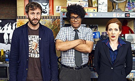 Roy (Chris O' Dowd), Moss (Richard Ayoade), Jen (Katherine Parkinson) in the IT crowd.