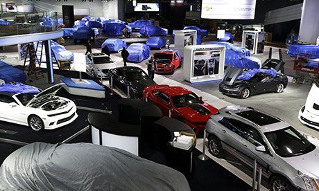 The General Motors display area is prepared for the Detroit motor show.