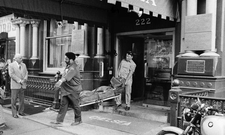 The body of Nancy Spungen is carried from the Chelsea hotel in New York in 1978 after she was appare