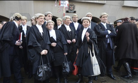 Barristers demonstrating against legal aid cuts outside the Old Bailey, London