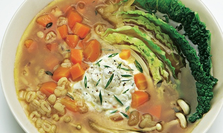Cabbage and pot barley soup with whipped feta