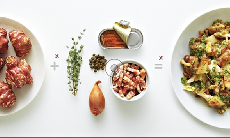 Thomasina Miera braised jerusalem artichokes with leftover turkey, lardons and quick green sauce