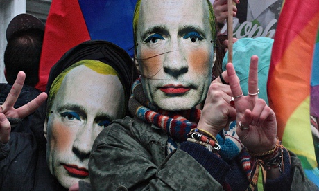 Gay rights campaigners in Vladimir Putin masks protest outside the Russian Embassy in London