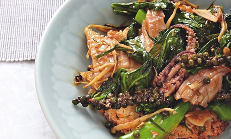 Yotam Ottolenghi's baby squid with rice cakes and green peppercorns