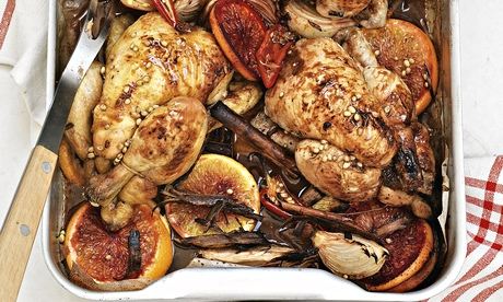 Roast poussins with blood orange and coriander seeds