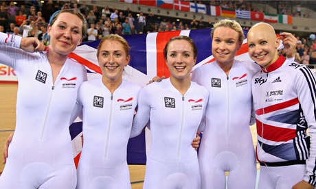 Great Britain's women's pursuit team celebrate claiming gold at the UCI Track World Cup at Lee Valle