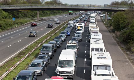 Three lanes of queuing of traffic on M5 motorway