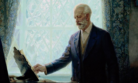 Portrait of Pyotr Ilyich Tchaikovsky, looking at a music score on a piano