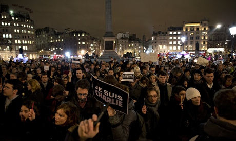 A vigil in Trafalgar Square to show solidarity with the victims of the attack on Charlie Hebdo.