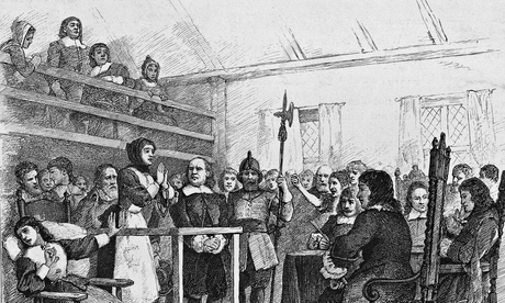 Engraving depicting a woman in handcuffs being tried for witchcraft in a courtroom