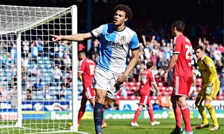 Rudy Gestede celebrates his second of three headed goals for Blackburn Rovers before Nottingham Fore