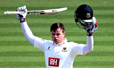 Matthew Machan celebrates his century for Sussex against Worcestershire at Hove not long after first