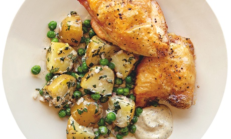 Thomasina Miers' roast chicken with charred spring onion mayo, peas and shallots