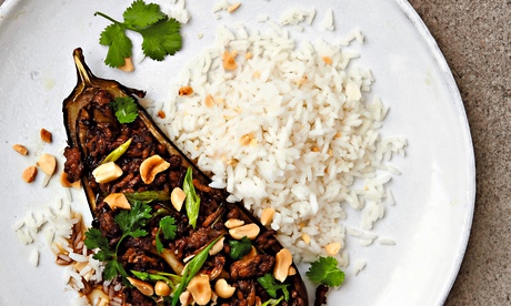 Thomasina Miers' roast aubergines with Szechuan fragrant pork