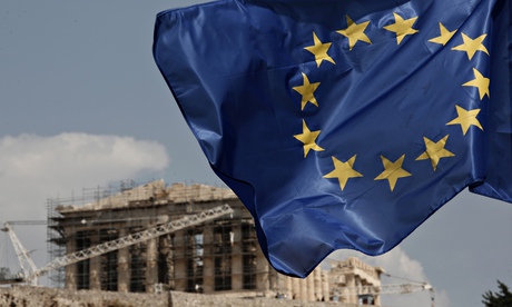 The EU flag flies in front of the Parthenon in Athens