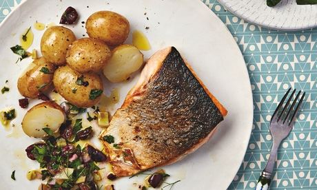 Thomasina Miers' sea trout with preserved lemon, black olive and raisin dressing