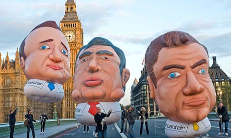 A Betfair stunt during the last election showing David Cameron, Gordon Brown and Nick Clegg balloons