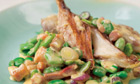 Nigel Slater's warm smoked mackerel with broad beans, and peaches with elderflower recipes