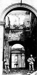 The ruined main entrance to the Chilean presidential palace after the 1973 coup