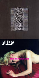 Two Peter Saville album covers: Joy Division's Unknown Pleasures and Pulp's This is Hardcore