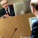 James Woolley (Lord Hutton) and William Chubb (Andrew Gilligan) in Justifying War at the Tricycle Theatre, London