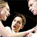 Hattie Morahan, Kate Duchene and Ben Daniels in Iphigenia at Aulis, National Theatre