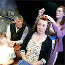 Rory Jennings, Edward Peel, Anita Carey and Andrea Lowe in Gong Donkeys, Bush Theatre, London