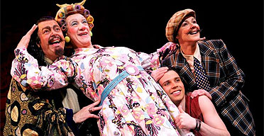 Roger Allam (Abbanazar), Ian McKellen (Widow Twankey), Neil McDermott (Aladdin) and Frances Barber (Dim Sum) in Aladdin at the Old Vic, December 2005