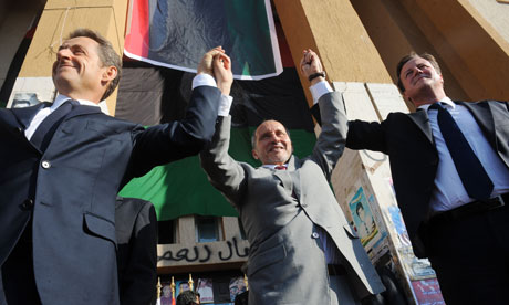 David Cameron, Mustafa Abdul-Jalil and Nicolas Sarkozy Visit Libya