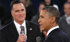 President Barack Obama talks at the second presidential debate at Hofstra University, New York