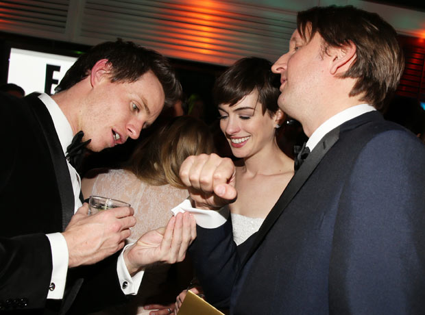 Eddie Redmayne, Anne Hathaway and Tom Hooper at the NBC Universal Golden Globes after party