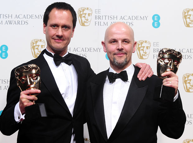 Diarmid Scrimshaw and Peter Carlton with their Bafta for best short film