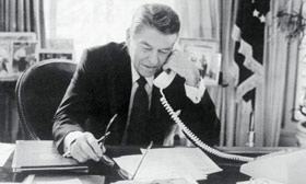 President Reagan Speaking on the Telephone