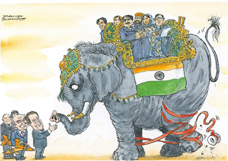 The Indian 'elephant' bows to English language, legacy and red-tape. (Cartoon by David Simonds; courtesy - guardian.co.uk, Sunday 25 July 2010 00.06 BST.). The Indian 'elephant' bows to English language, legacy and red-tape. (Cartoon by David Simonds; courtesy - guardian.co.uk, Sunday 25 July 2010 00.06 BST.).