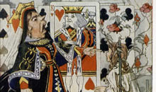 An illustration of the Queen of Hearts threatening Alice in Lewis Carrol