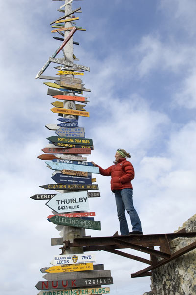 Woman By Directions Signs in the Falkland Islands