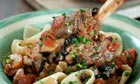 Braised lamb shanks with fat pasta and gremolata